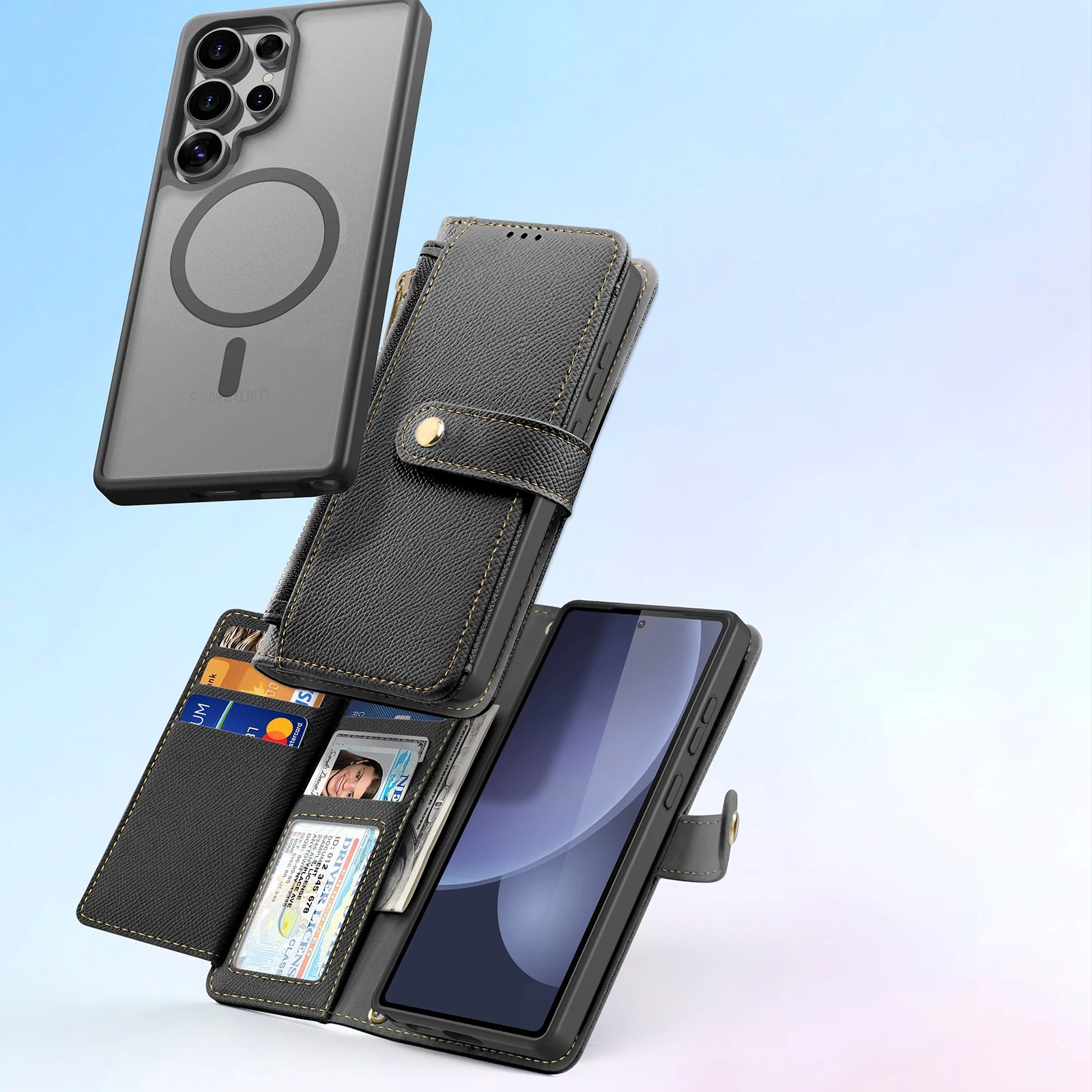 Mbështjellës Dux Ducis Lawa për Samsung Galaxy S25 Ultra, lëkurë, me portofol magnetik të ndashëm, i zi