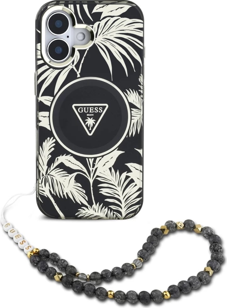 Mbështjellës Guess Palm Trees Triangle Pearl Strap MagSafe për iPhone 16, i zi Mbështjellës Guess Palm Trees Triangle Pearl Strap MagSafe për iPhone 16, i zi