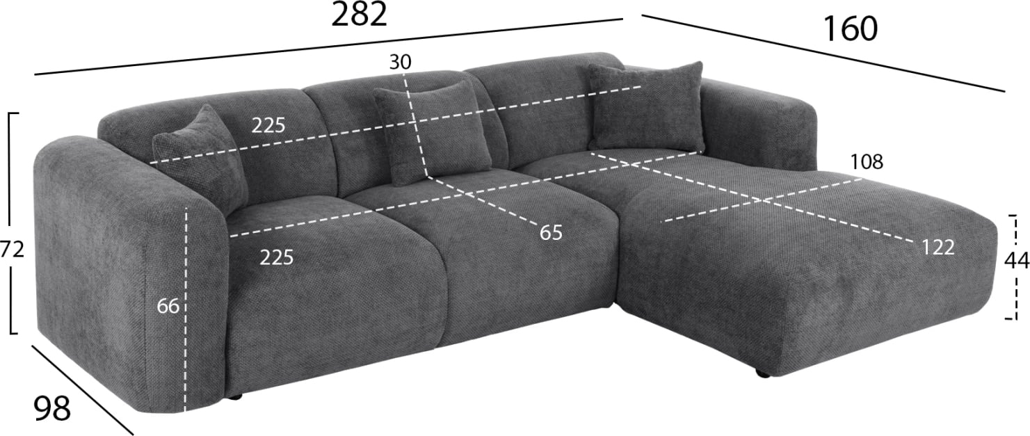 Divan qoshe BRICKEN FH3275.04R, pëlhurë antracit, 110-282x98-160x72H cm