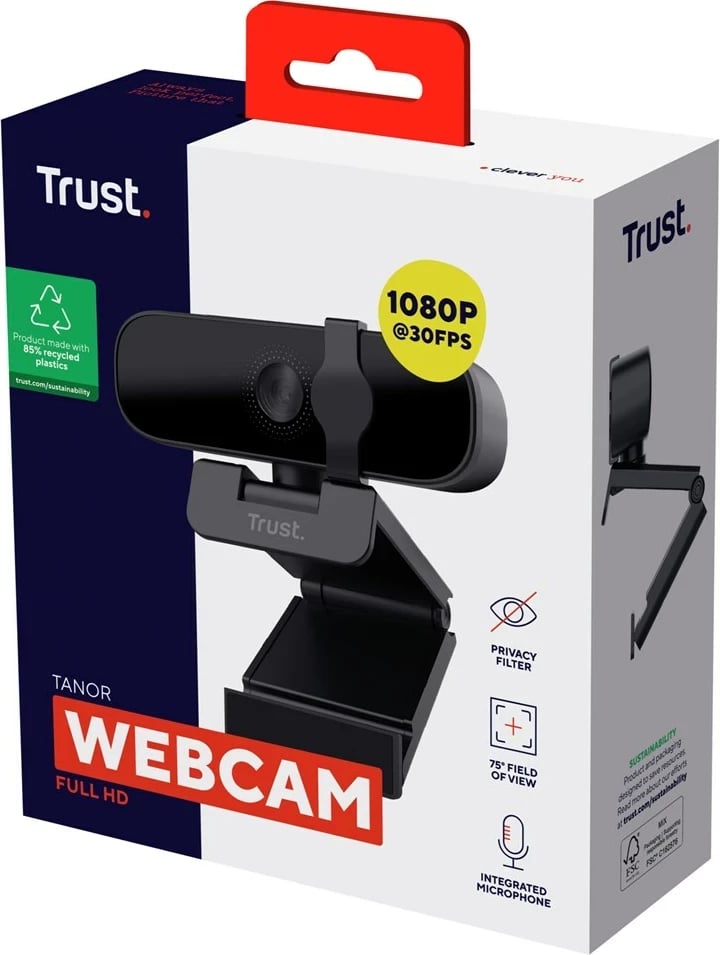 Webcam Trust Tanor, 1920 x 1080 pixels, USB, E zezë
