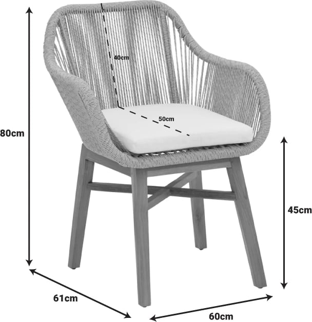 Karrige Kalie dru teak dhe litar sintetik, ngjyrë natyrale e zezë, me jastëk, 60x61x80cm