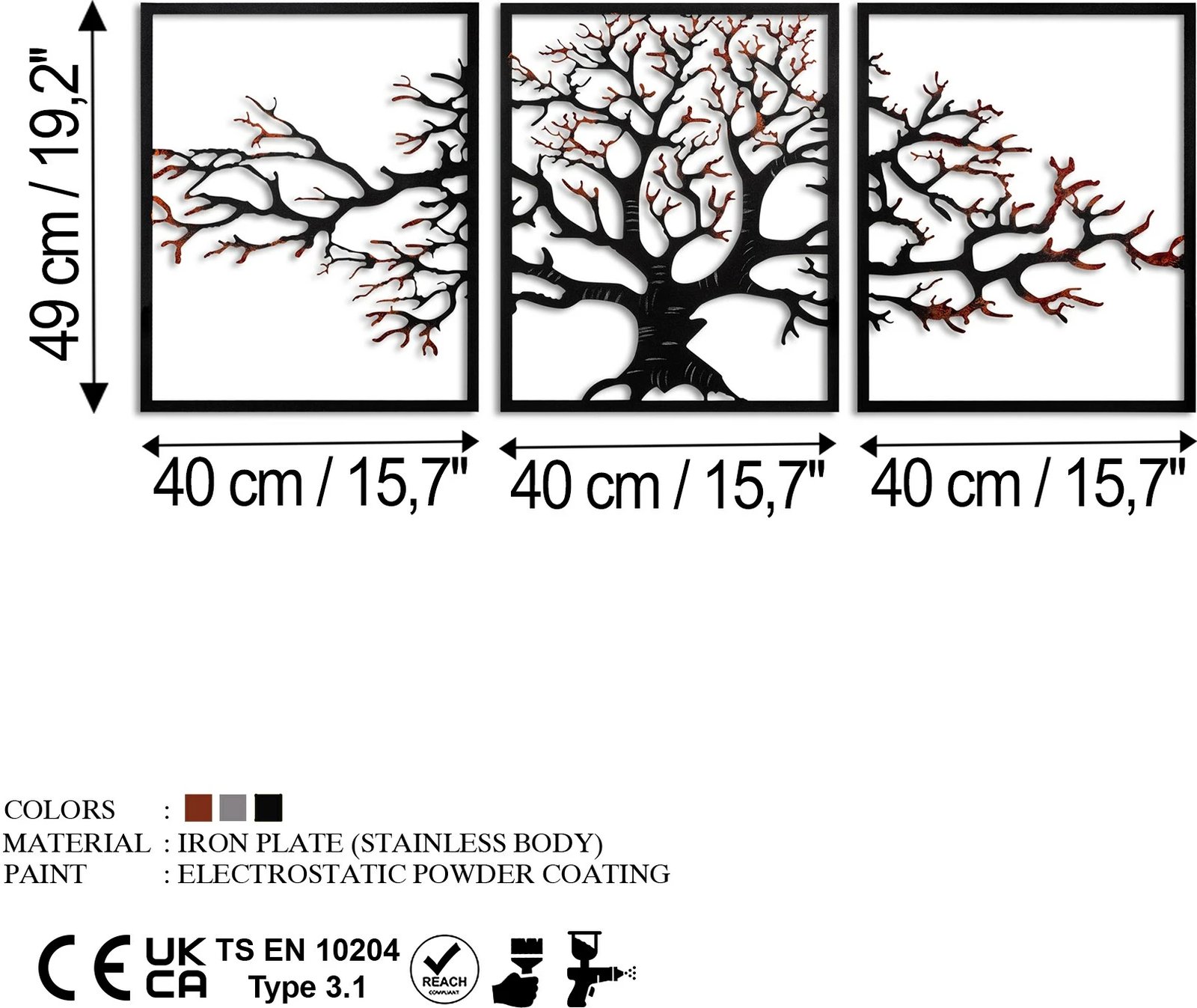 Aksesor dekorativ metalik për mur, pemë, 3 pjesë, Wallity, 48