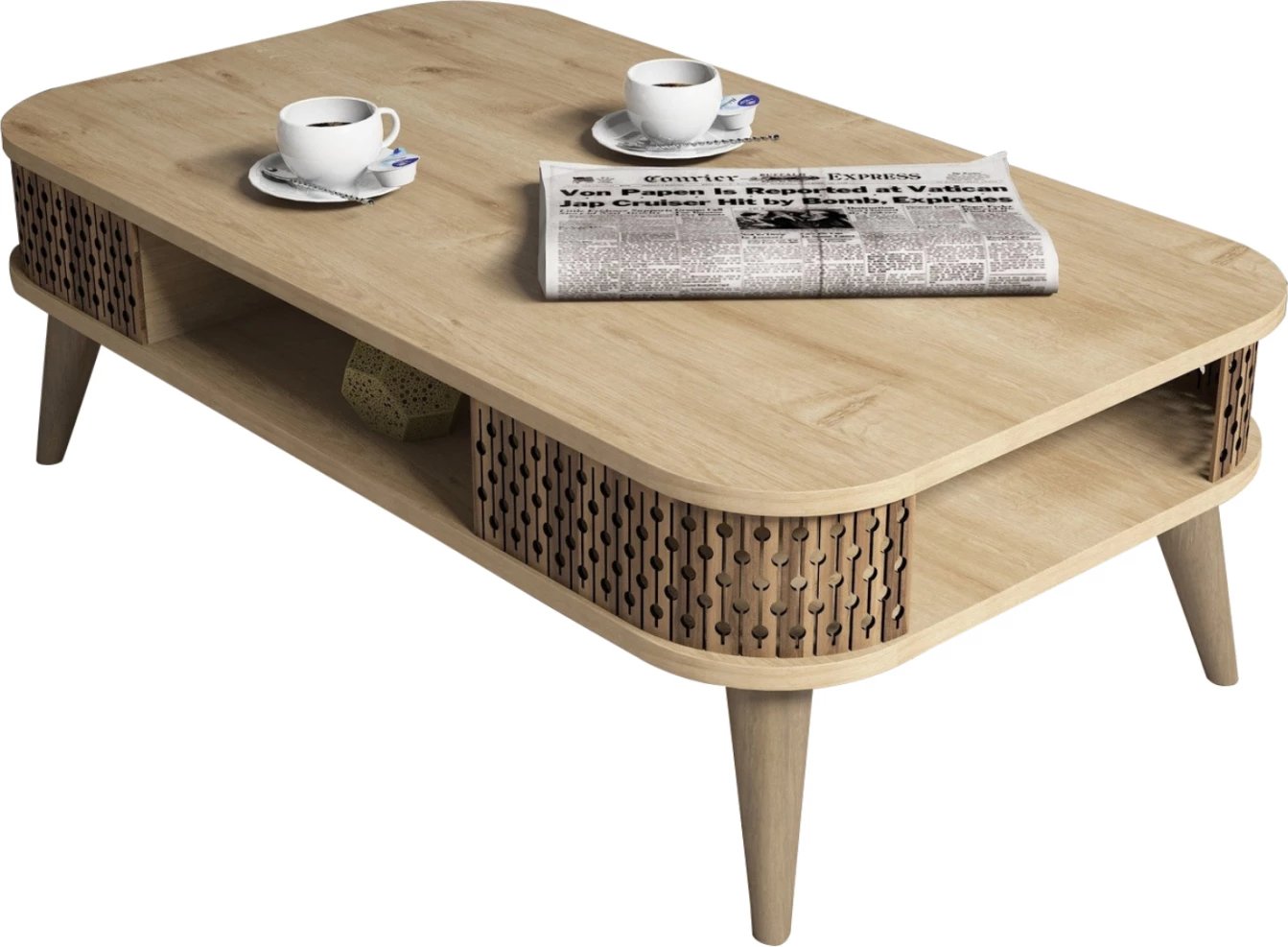 Tavolinë kafeje melaminë FH9501.01 ngjyrë lisi natyral 105x60x34.6Hcm