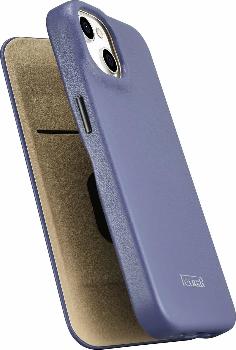 Mbështjellës lëkure iCarer CE Premium Folio për iPhone 14 Plus, MagSafe, Vjollcë e lehtë