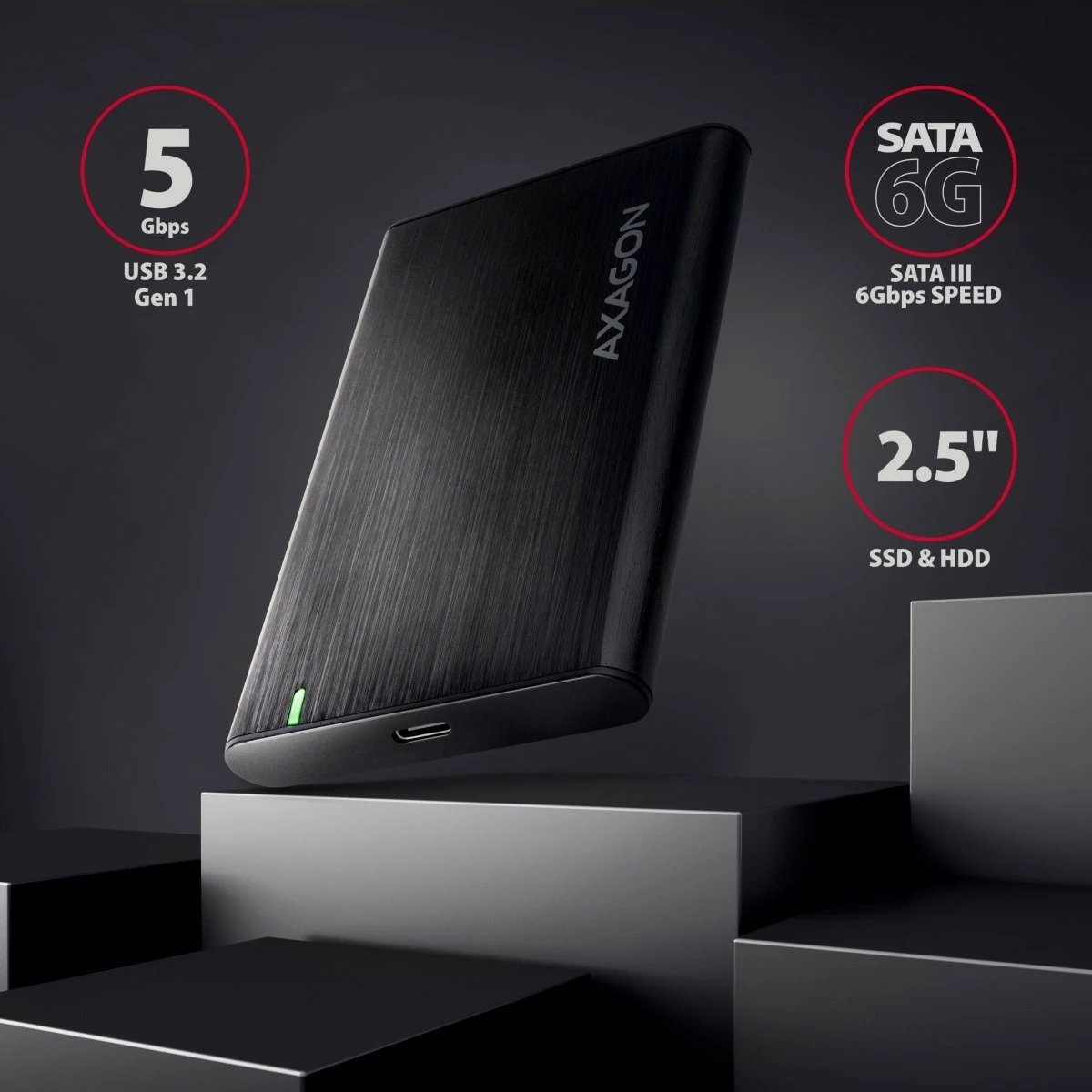 Kasë e jashtme AXAGON EE25-A6C për SSD/HDD 2.5", USB-C 3.2 Gen 1, alumini, karbon