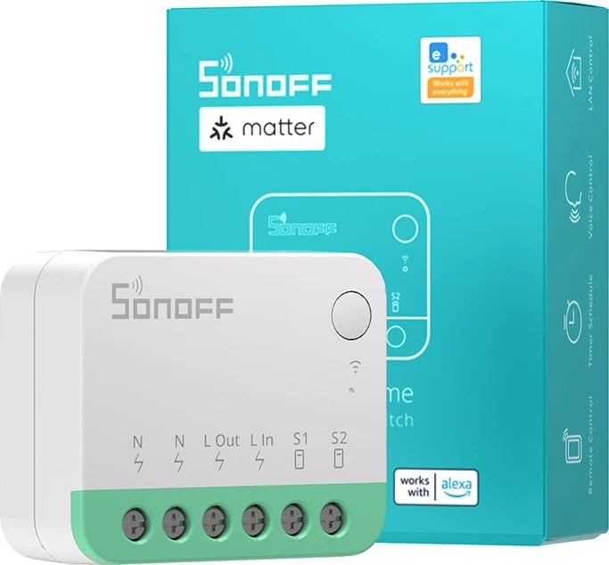 Switch i mençur Wi‑Fi mini, Sonoff, MINIR4M, Matter, 10A, 2.4GHz, për Apple HomeKit/Google Home/Alexa/SmartThings