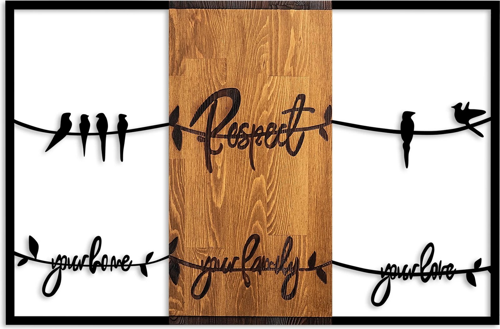 Aksesor dekorativ prej druri për mur, ngjyrë arre dhe e zezë, 88x57cm, Respect your home your family your love