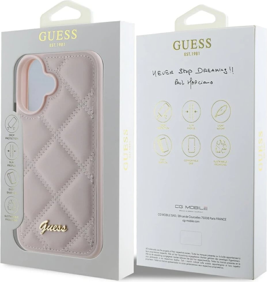 Mbështjellës Guess Quilted Metal Logo për iPhone 16, Rozë Mbështjellës Guess Quilted Metal Logo për iPhone 16, Rozë