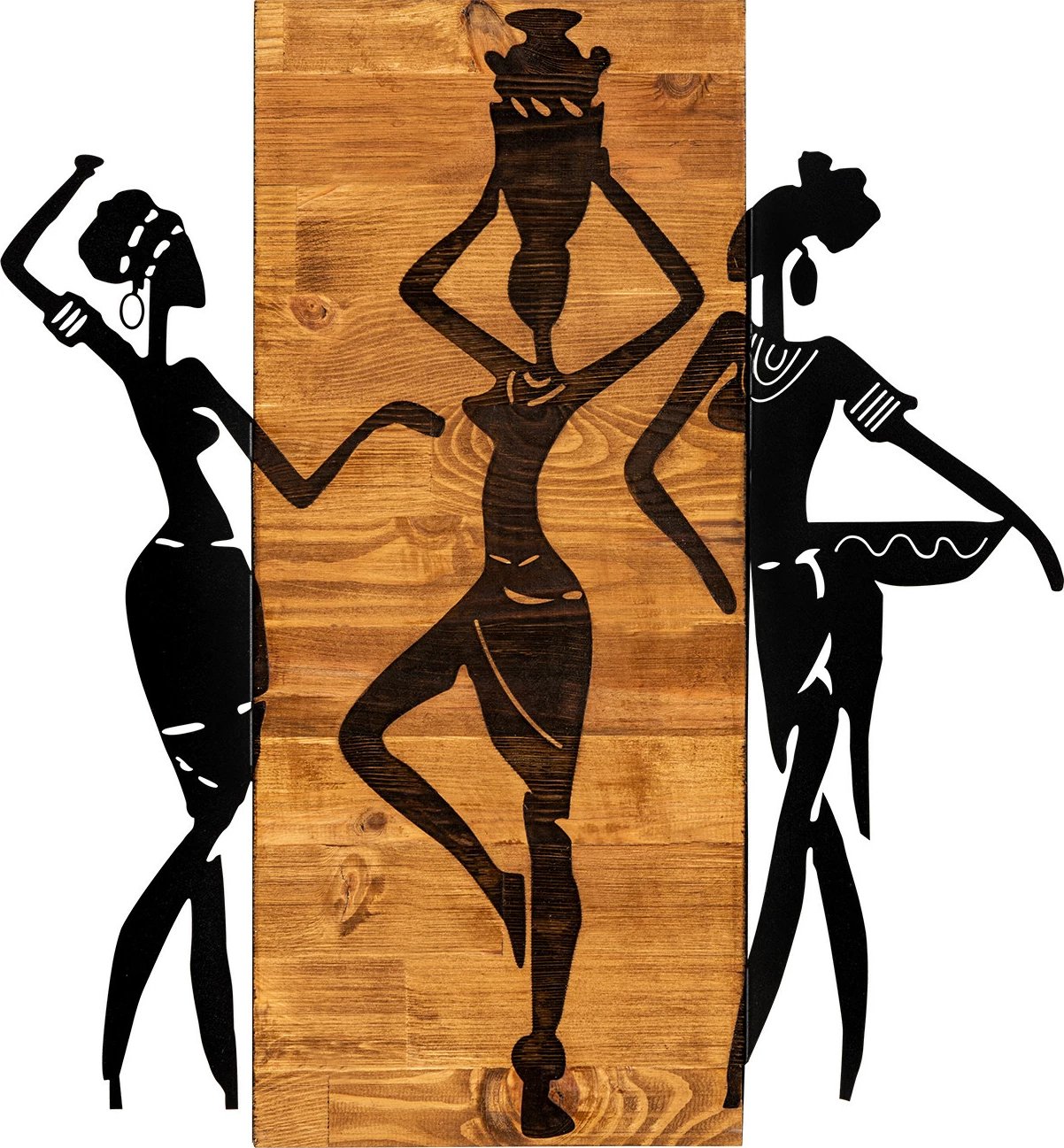 Aksesor dekorativ për mur, dru dhe metal, Wallity, Afrikan, ngjyrë e zezë dhe arre, 54x58cm