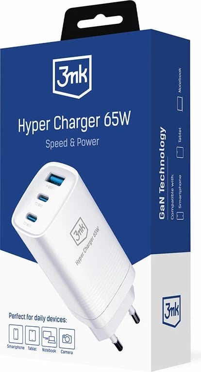 Karikues muri 3mk HyperCharger 65W, 2x USB-C + 1x USB-A, i bardhë