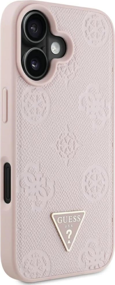 Mbështjellës Guess Grained Hot Stamp Peony Triangle Logo MagSafe për iPhone 16, Rozë