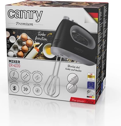 Mikser dore, Camry, CR 4220, 5 shpejtësi Turbo 300W/750W, grep e rrahëse inoksi 21cm, zi