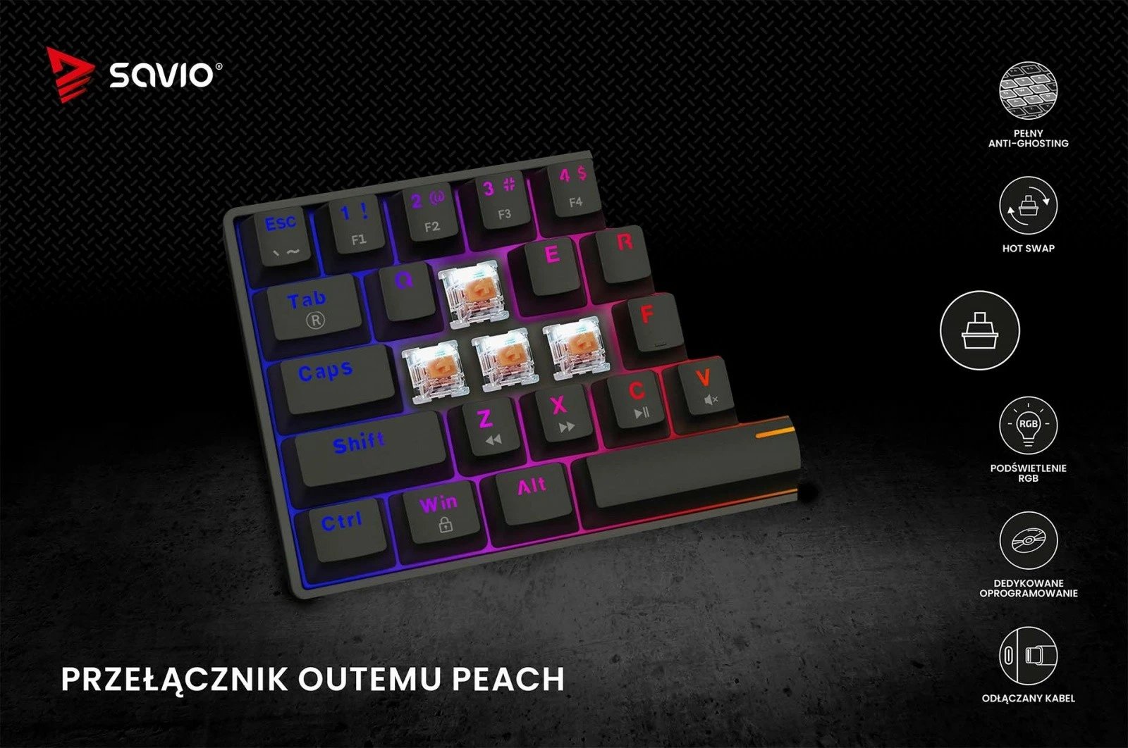 Tastierë mekanike Savio Blackout X2 OUTEMU Peach Silent, 60%, me ndriçim ARGB, e zezë Tastierë mekanike Savio Blackout X2 OUTEMU Peach Silent, 60%, me ndriçim ARGB, e zezë