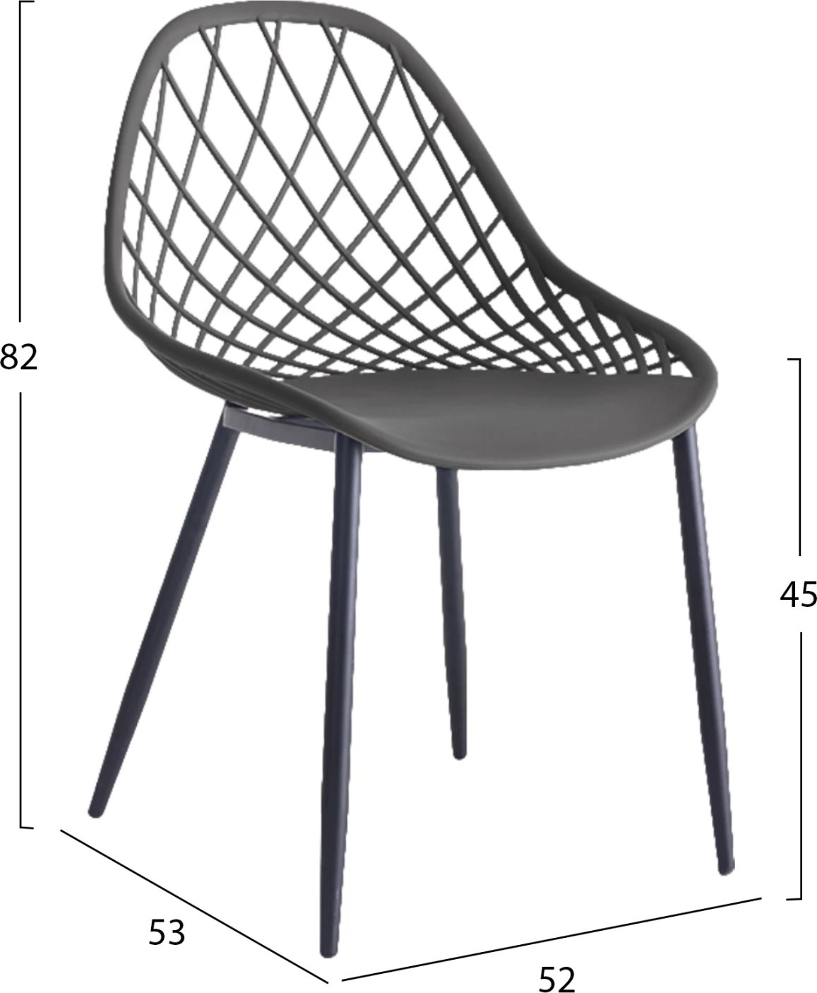 Karrige polipropileni FH9524.10 ngjyrë gri me këmbë metalike të zeza 52x53x82H cm, set prej 4 copë