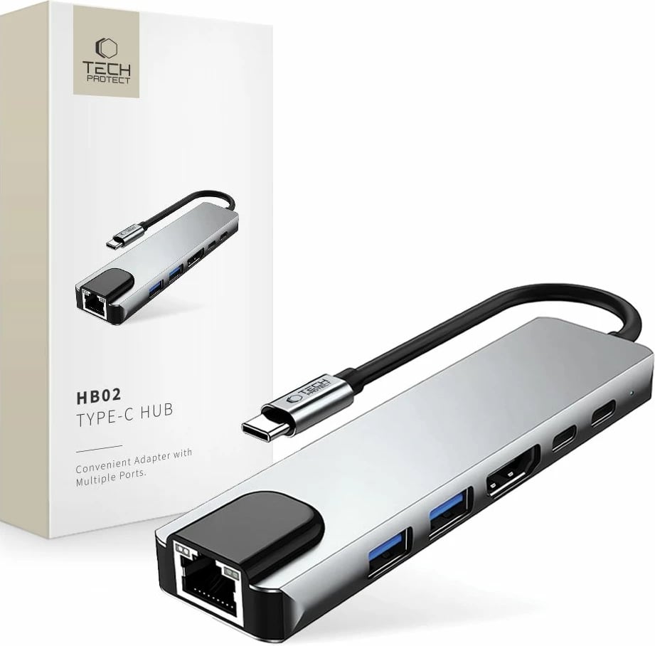 Adapter HUB Tech-Protect HB02 6in1, USB-C, USB 2.0, USB 3.0, HDMI 4K, RJ45, PD 100W, Gri