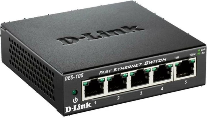 Switch, D-Link, DES-105/E, 5 porta 10/100 Mbps, pa menaxhim, metal, i zi