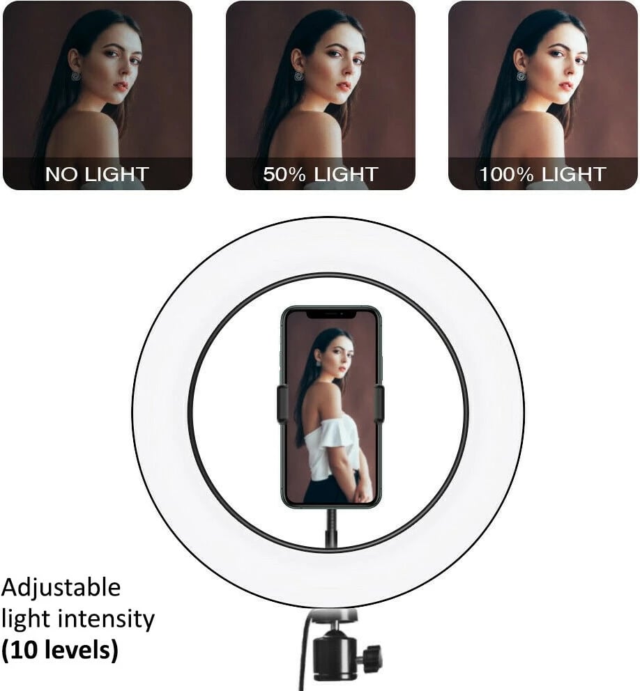 Dritë unazore LED 10", Maclean MCE610, 12W, tripod deri 110 cm, USB 5V, e zezë, set me mbajtës celulari dhe telekomandë Bluetooth