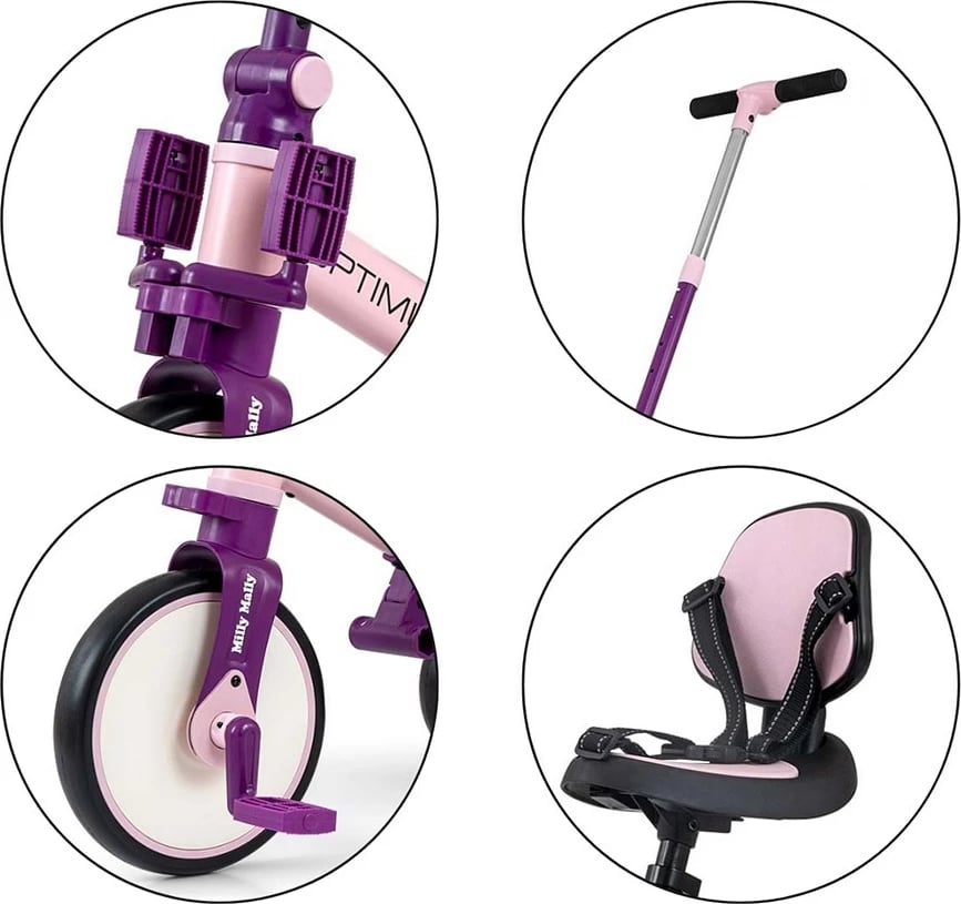 Tricikël 5‑në‑1 me dorezë prindërore, Milly Mally Optimus Max, rrota shkumë, kornizë çeliku, palosshëm, 12M+, ngarkesë 25 kg, rozë