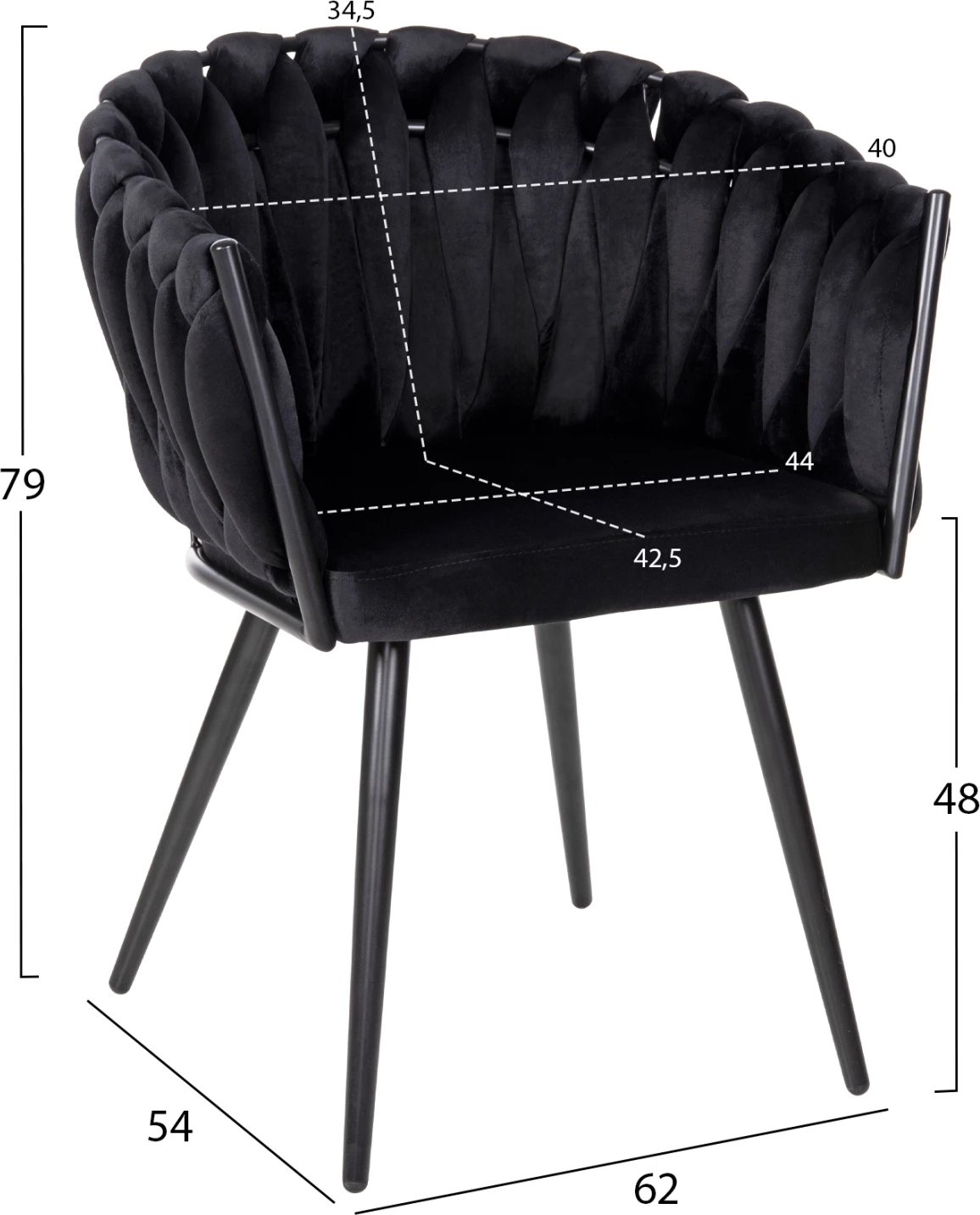 Karrige LUANDA FH8741.04, kadife e zezë, këmbë metalike të zeza, 62x54x79H cm., set prej 2 copë