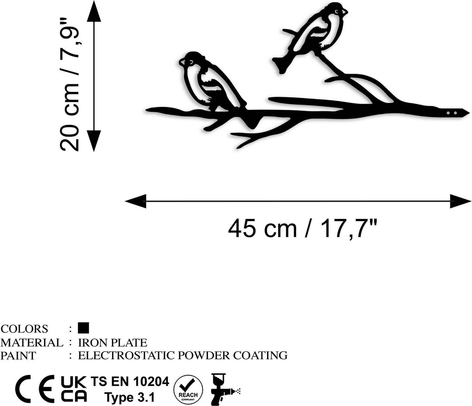 Objekt dekorativ për kopsht, zog në degë, ngjyrë e zezë, Aberto Design, 45x20cm