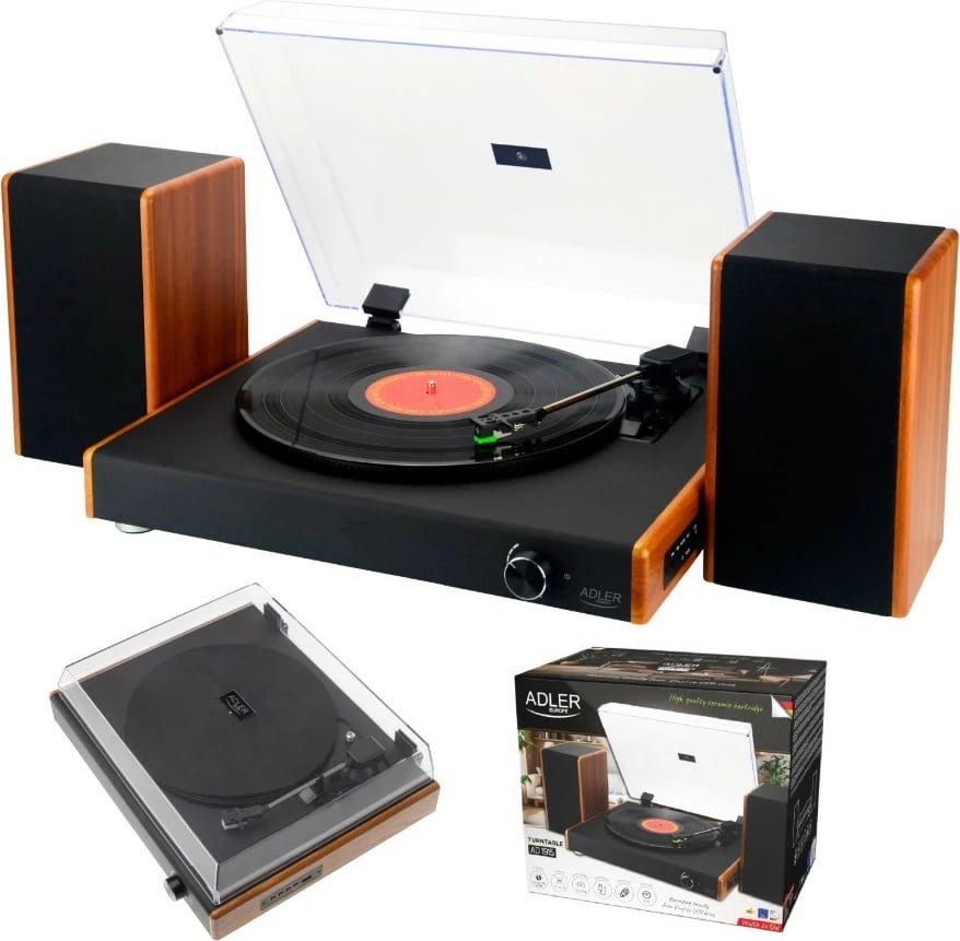 Gramofon Adler AD1915 me USB, Bluetooth, altoparlantë të integruar, i zi me pamje druri