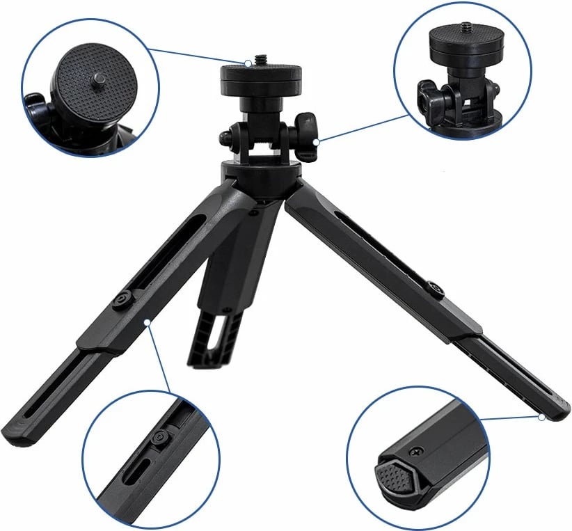 Mini tripod/selfie stick Hurtel 16-21 cm, për celular/GoPro, kllapë 55-90 mm, rrotullim 360°, i zi