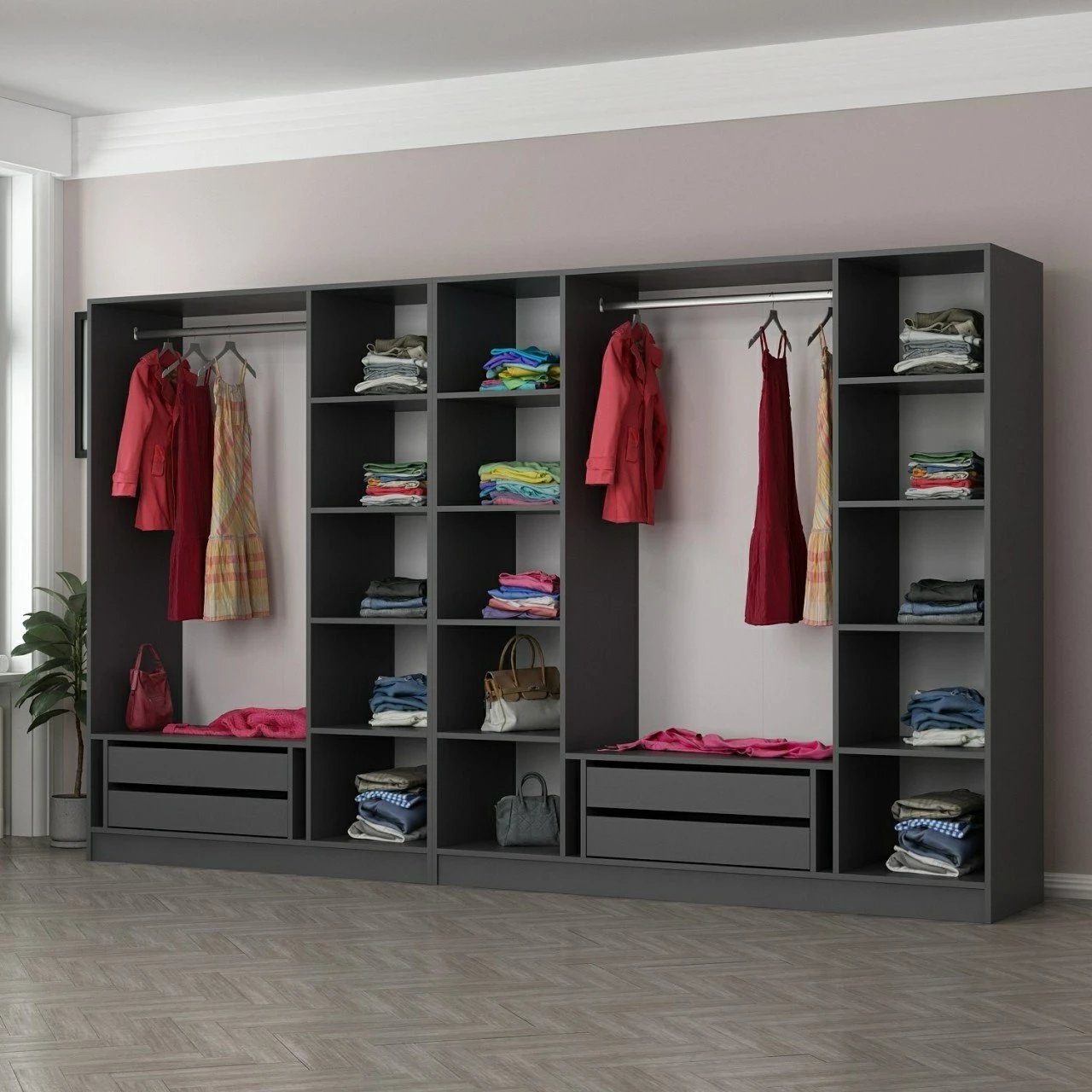 Dollap garderobe Skye Decor, anthracite e zi, 315x190x52cm, 10 pjesë