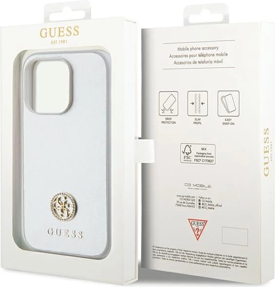 Mbështjellës Guess 4G Strass Metal Logo për iPhone 15 Pro, argjendtë
