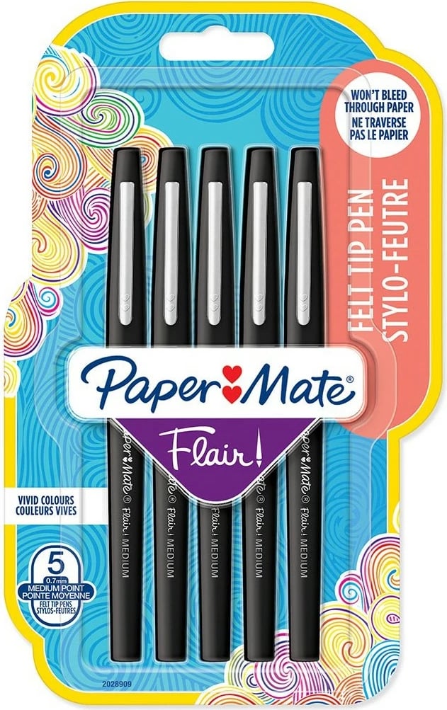Set lapsa PaperMate Flair Original, majë mesatare 1mm, 5 copë, ngjyrë e zezë