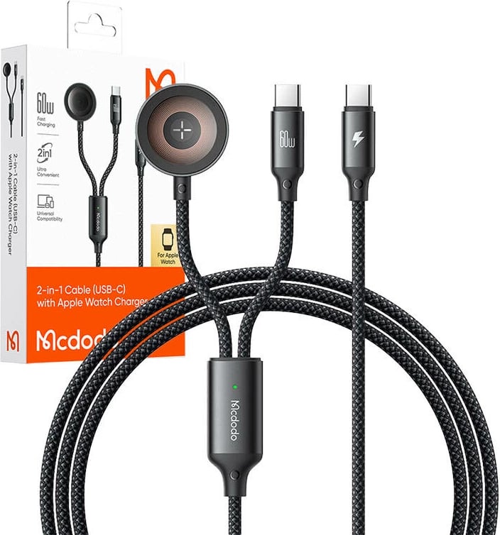 Kabllo 2-në-1 Mcdodo CA-2200, USB-C + karikues Apple Watch, 60W, 1.2m, e zezë