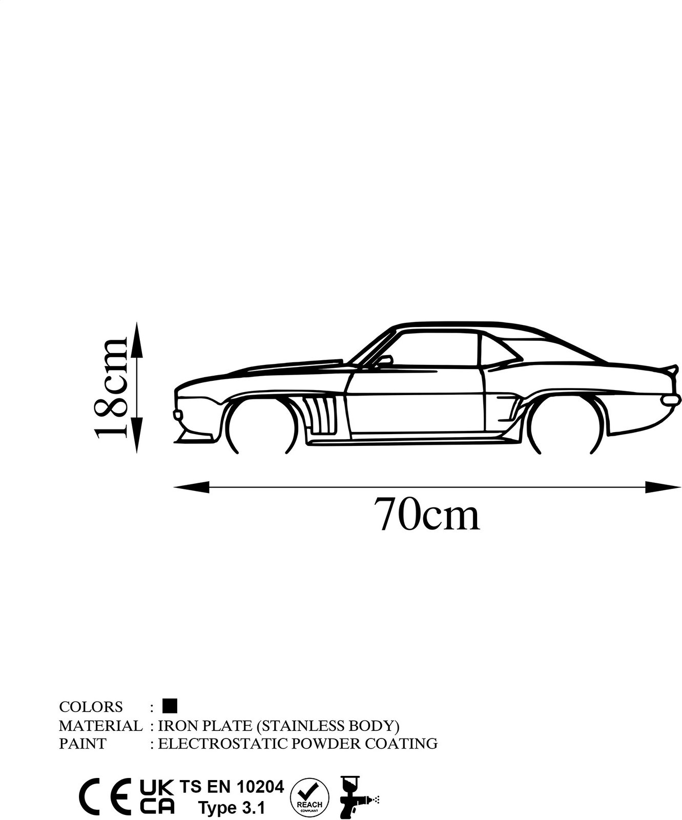 Aksesor dekorativ metalik për mur, siluetë Chevrolet Camaro, ngjyrë e zezë