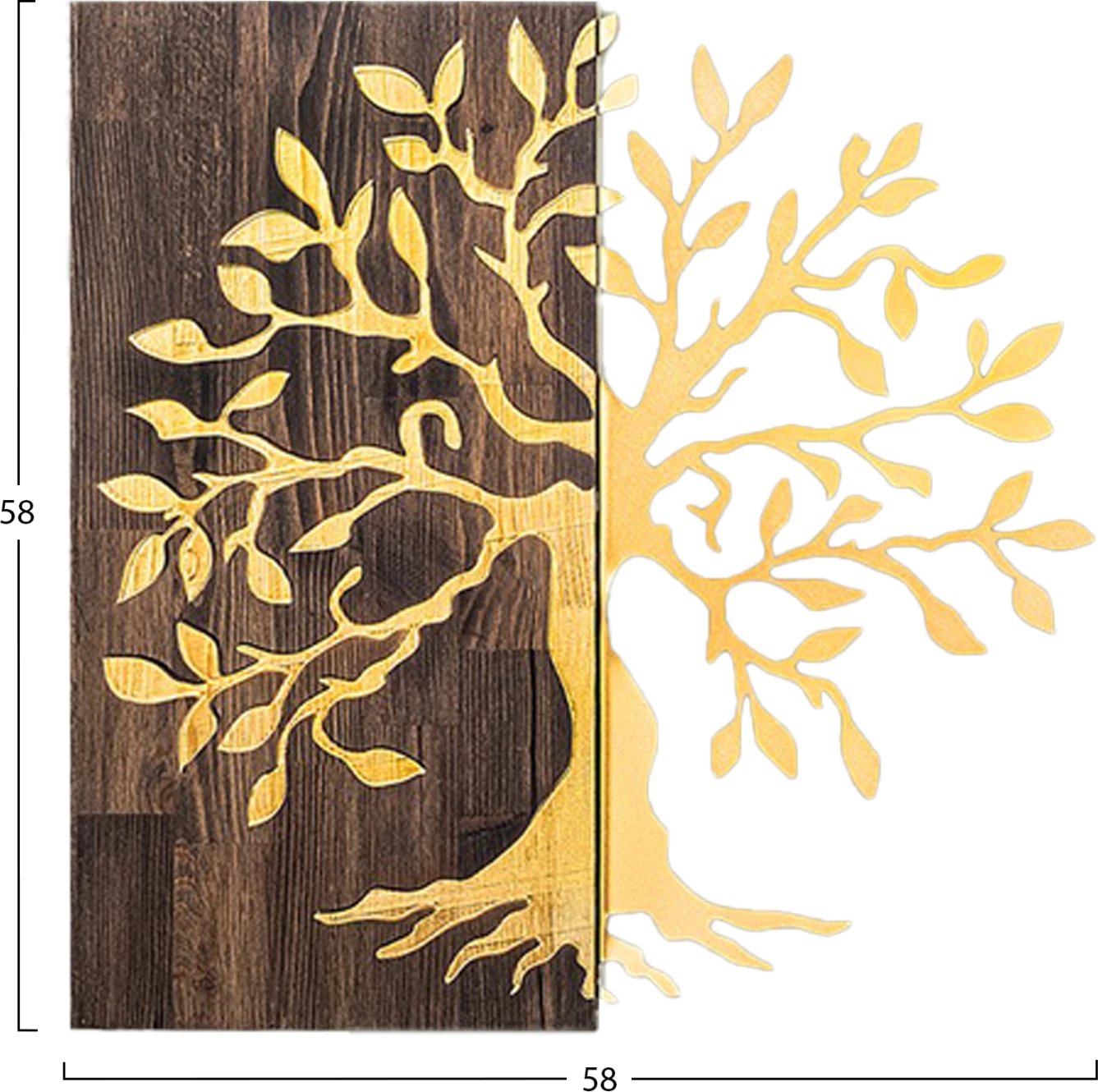 Dekor muror pemë, metal ngjyrë ari, dru arre, FH4751, 58x3x58cm