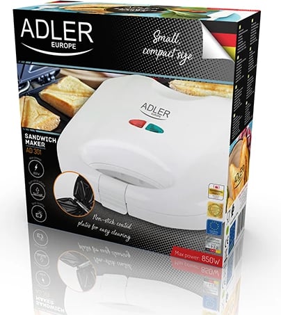 Toster sanduiçe, Adler, AD 301, 750 W, pllaka jo-ngjitëse, 4 trekëndësha, e bardhë Toster sanduiçe, Adler, AD 301, 750 W, pllaka jo-ngjitëse, 4 trekëndësha, e bardhë