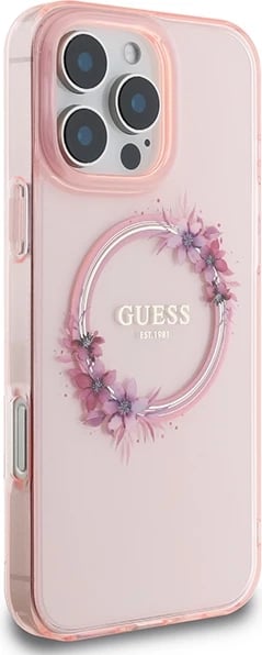 Mbështjellës Guess IML Flowers Wreath MagSafe për iPhone 16 Pro Max, Rozë Mbështjellës Guess IML Flowers Wreath MagSafe për iPhone 16 Pro Max, Rozë