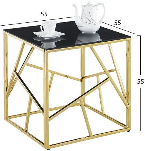 Tavolinë anësore JANA me xham të zi dhe bazë të artë, 55x55x55H cm, FH8619.01