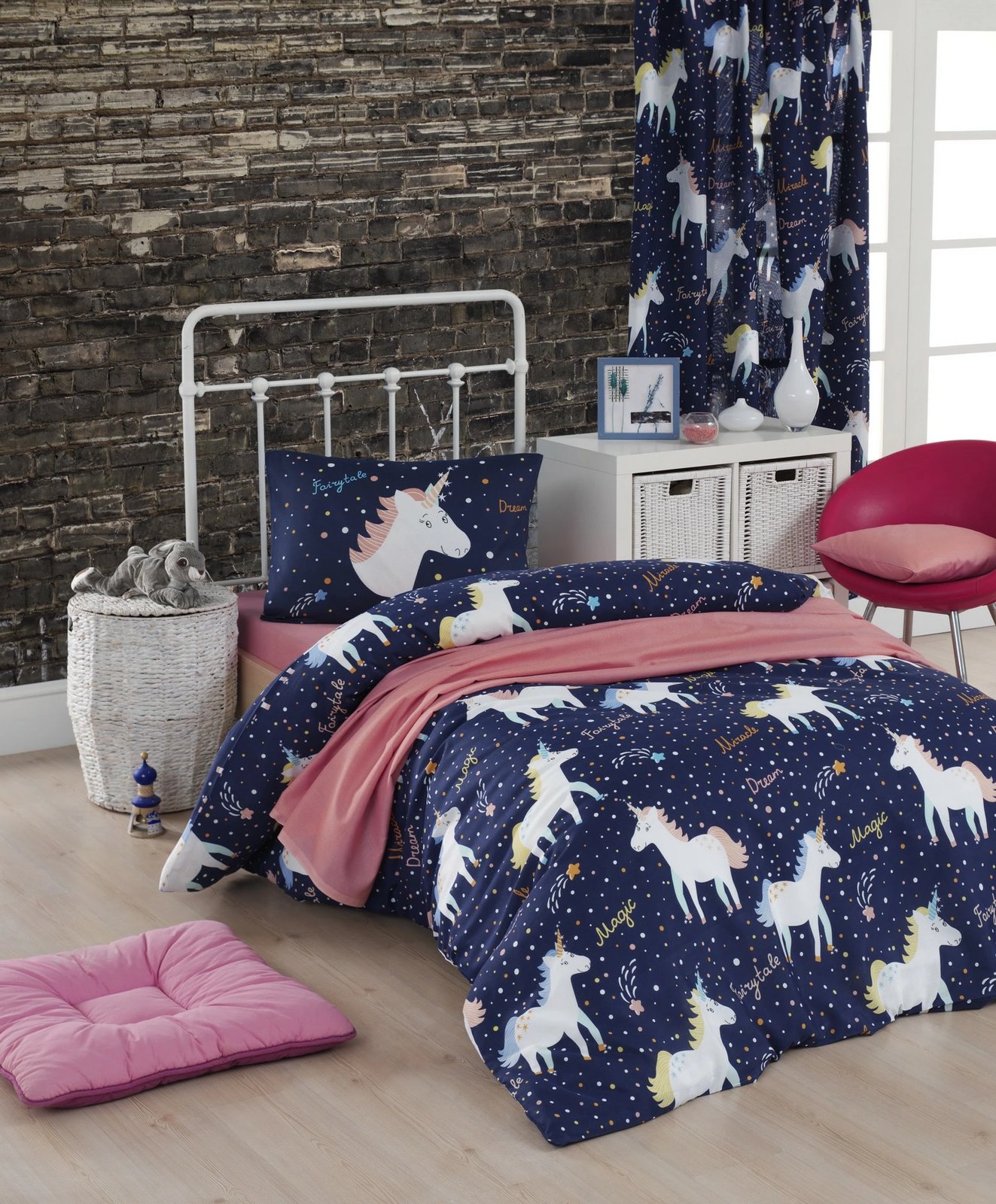 Set mbulesë jorgani teke, Magic Unicorn, ngjyrë kaltër e errët