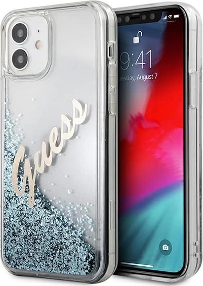 Mbështjellës Guess GUHCP12SGLVSBL për iPhone 12 mini 5.4", Glitter Liquid Vintage, Kaltër