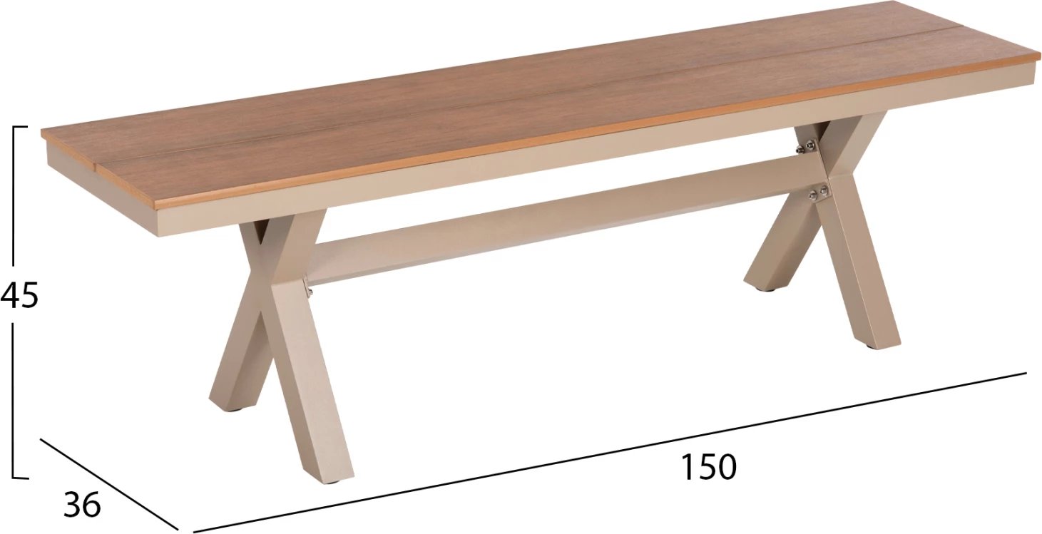 Stol alumini, ngjyrë shampanjë, sipërfaqe tavoline polivudi, ngjyrë druri natyral, 150x36x45H cm