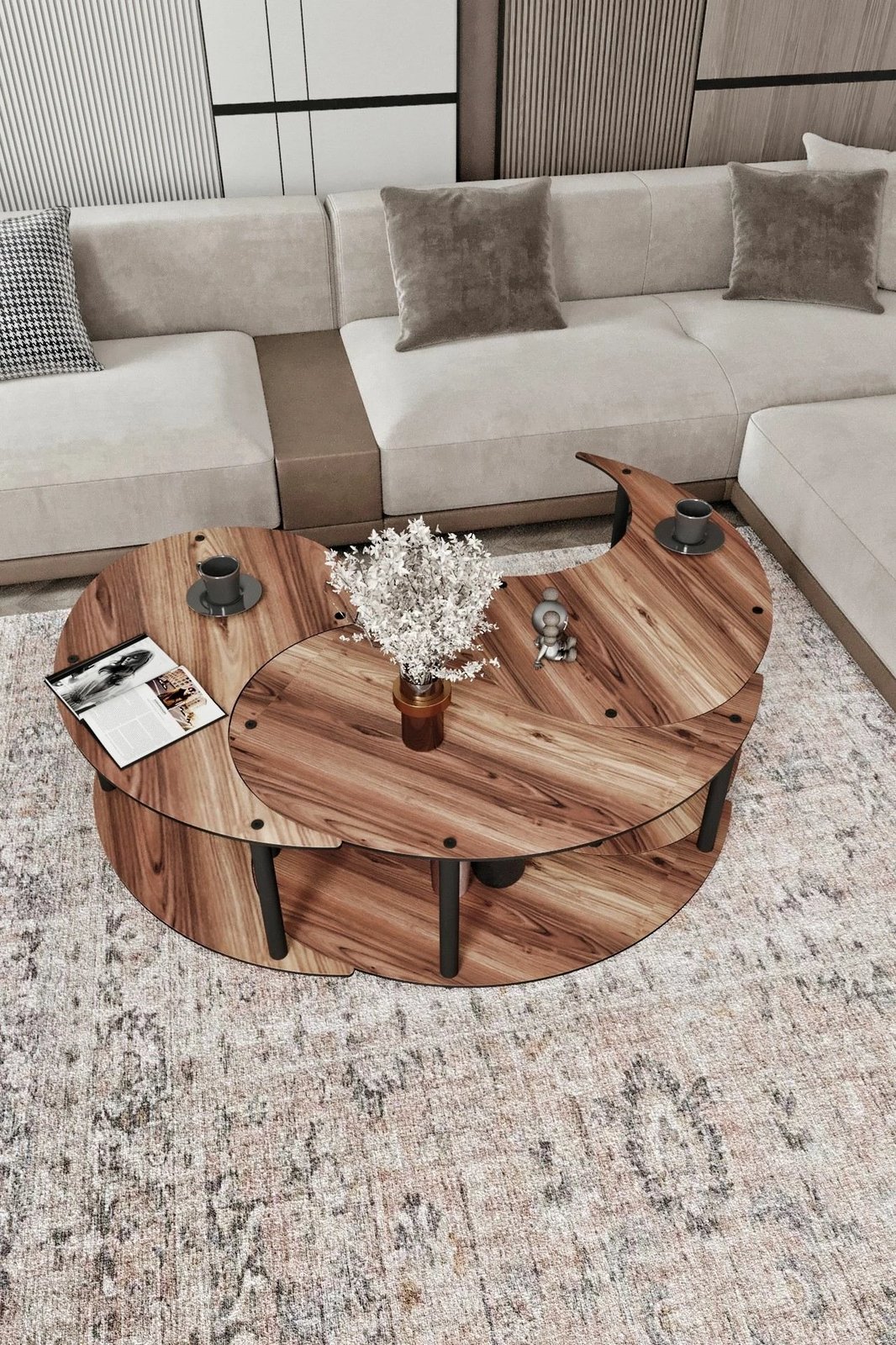 Set tavolinash kafeje Hanah Home, Yin Yang, 3 copë, ngjyrë arre, 70cm