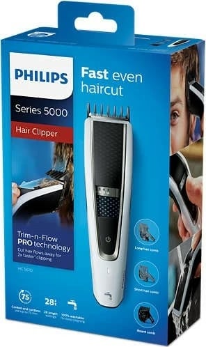 Prerëse flokësh, Philips HC5610/15, 28 pozicione 0.5–28 mm, 75 min pa kabllo, tehe çelik inox vetë-mprehuese, e larshme, me 3 krehësa, zi/bardhë Prerëse flokësh, Philips HC5610/15, 28 pozicione 0.5–28 mm, 75 min pa kabllo, tehe çelik inox vetë-mprehuese, e larshme, me 3 krehësa, zi/bardhë