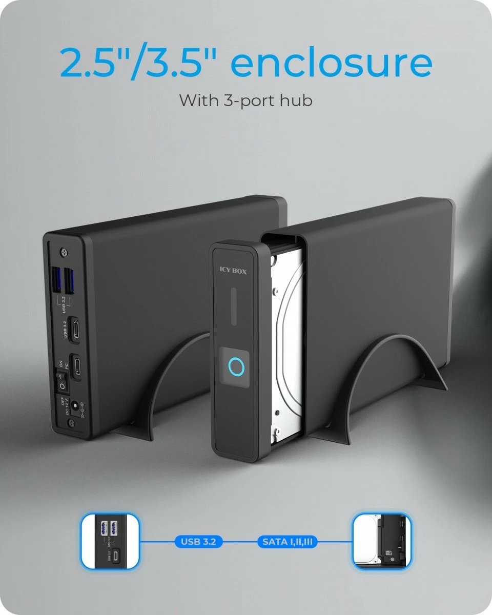 Kasë e jashtme IcyBox IB-382H-C31 për HDD/SSD 2.5"/3.5", HUB USB-C/USB-A, e zezë