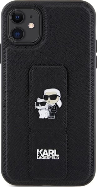 Mbështjellës Karl Lagerfeld Gripstand Saffiano Karl&Choupette Pins për iPhone 11/XR, i zi