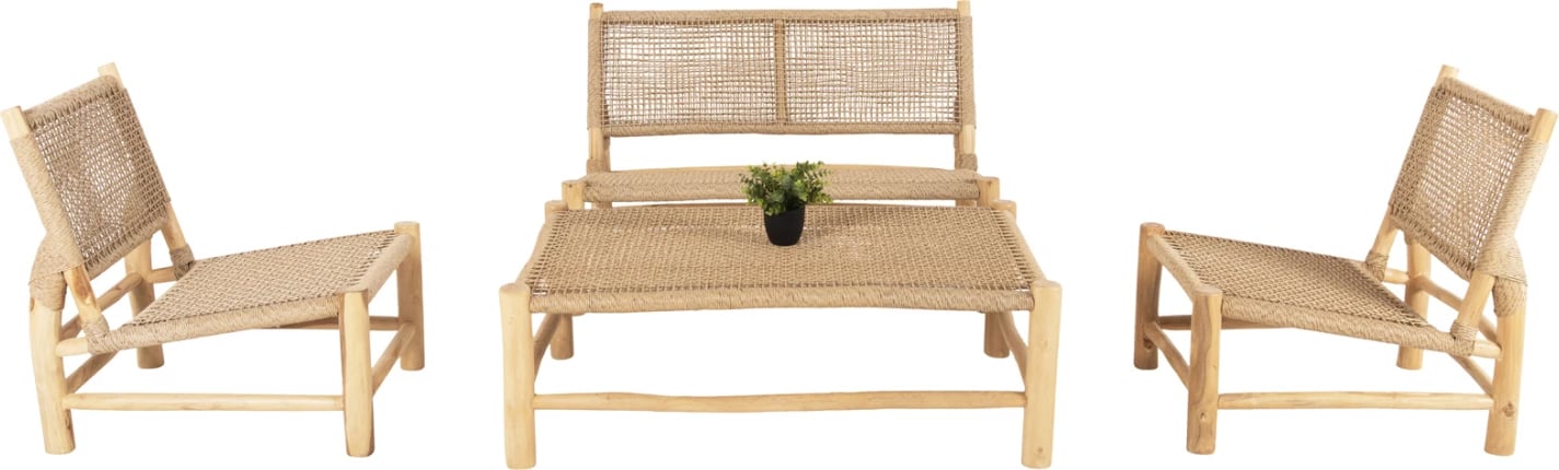 Set salloni për jashtë 4 pjesë, dru teak, ratan sintetik, ngjyrë natyrale