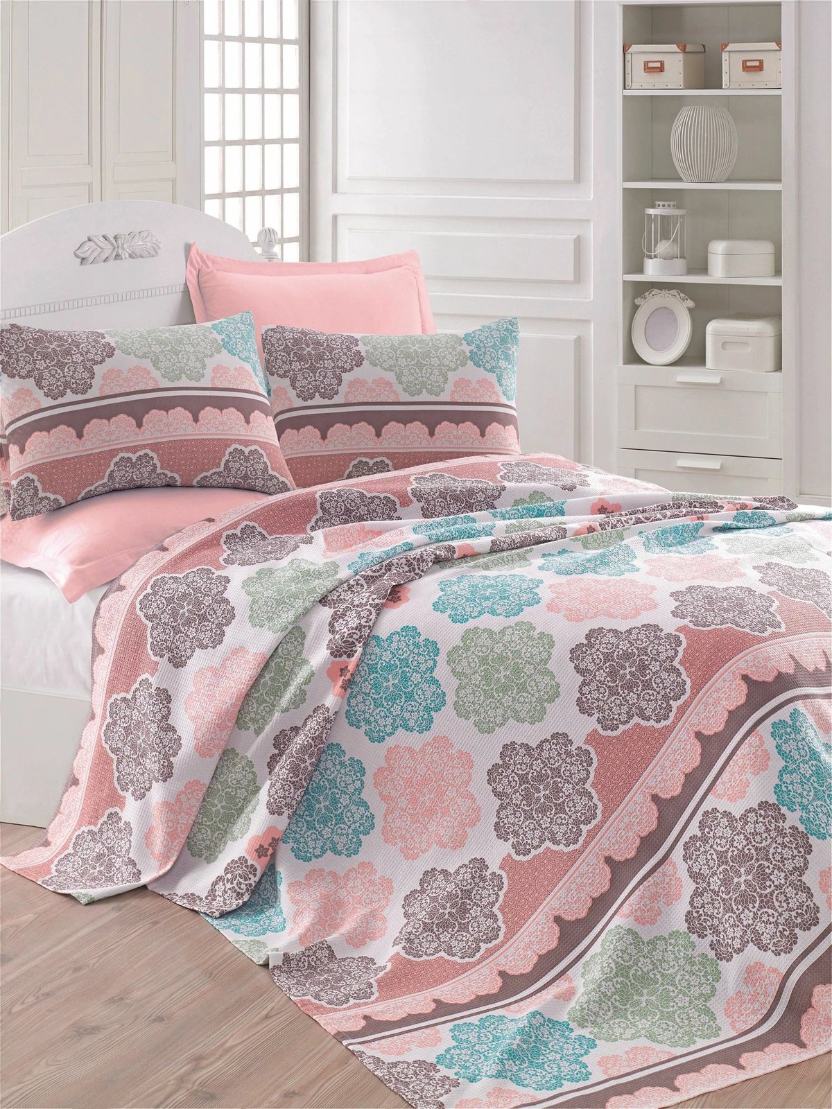 Batanije Double Pique, ngjyrë turquoise, salmon dhe krem, Andalucia