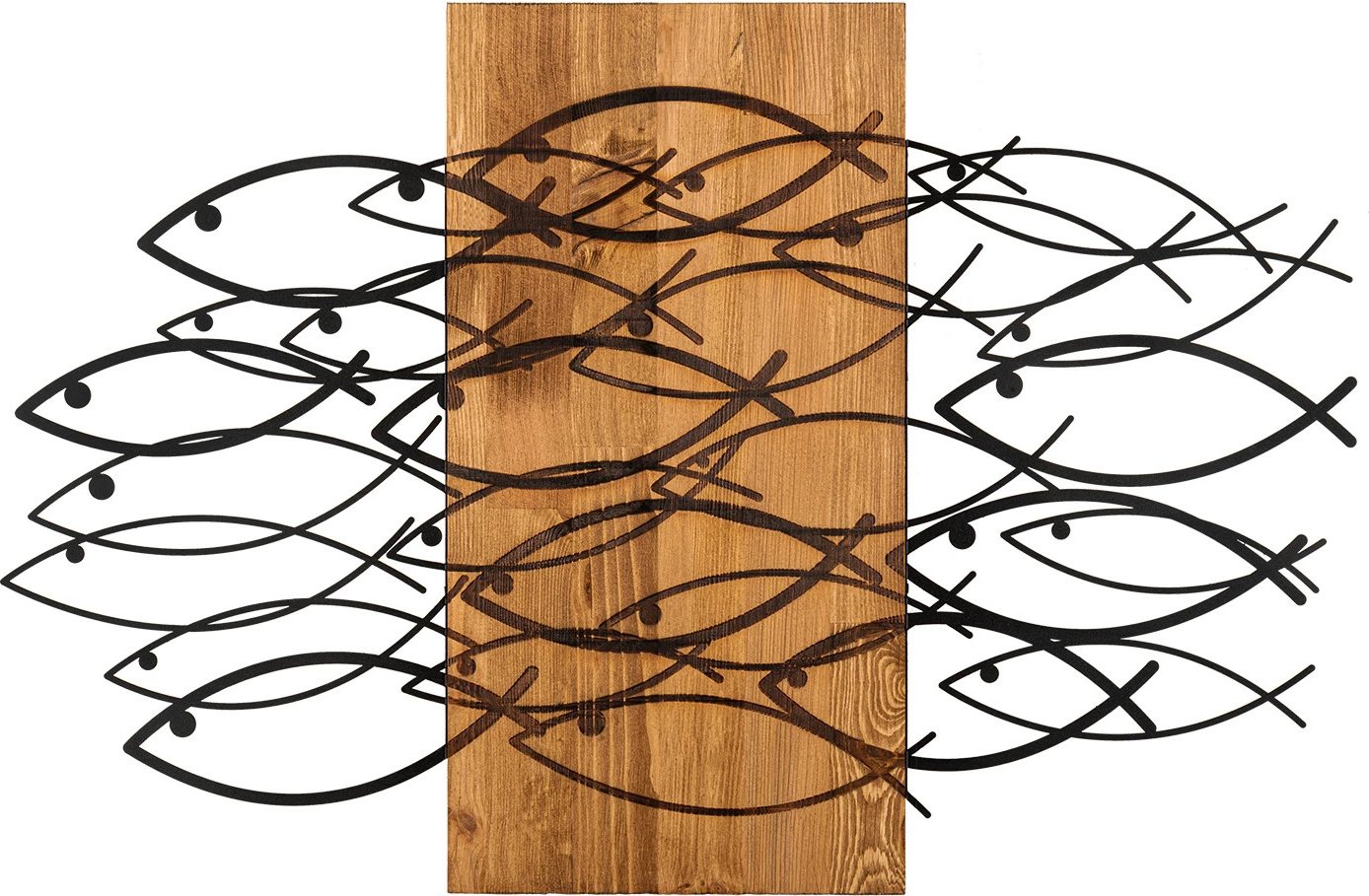 Aksesor dekorativ muri prej druri dhe metali, peshq, ngjyrë e zezë dhe arre, 87x58cm