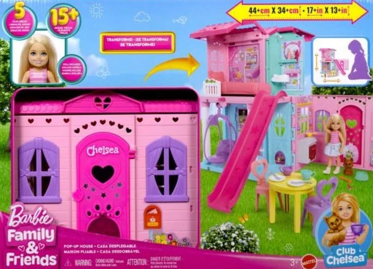 Shtëpi lodër Barbie Chelsea e palosshme me aksesorë, Mattel JFW49, Rozë/Vjollcë, set
