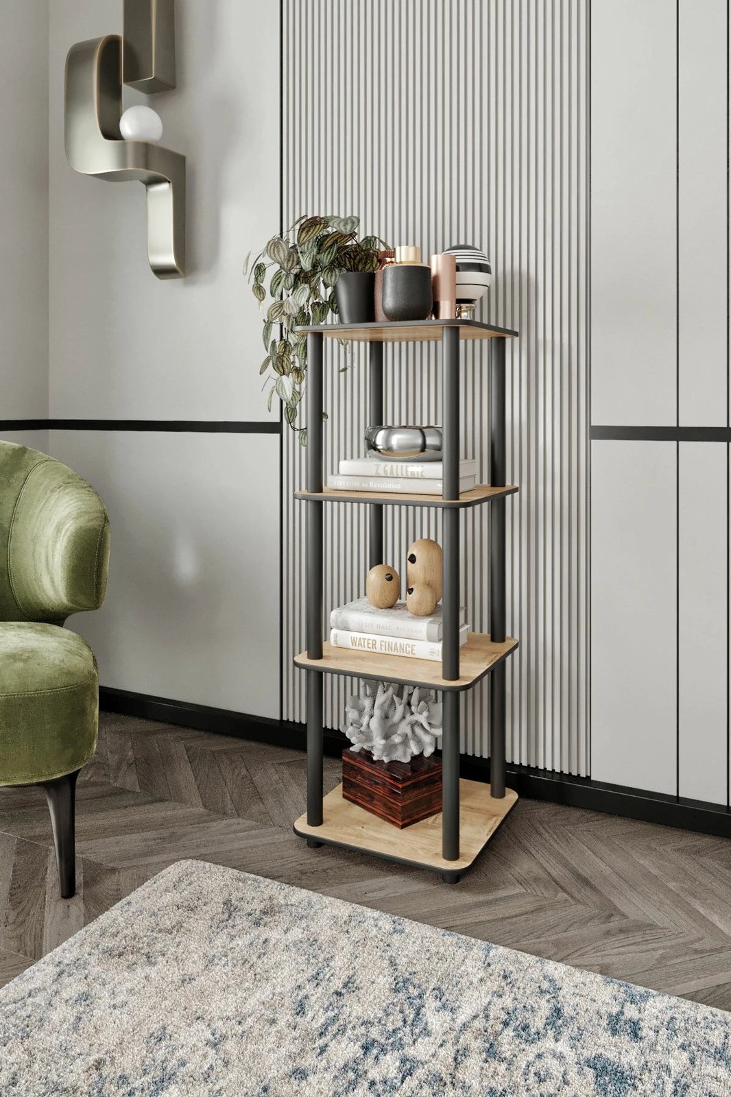 Raft librash Skye Decor, katër kate, ngjyrë lisi