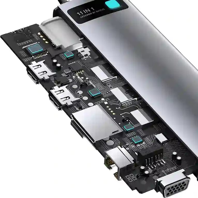 Kasë Baseus Metal Gleam Series CAHUB-CT0G, 11 porte, USB-C, HDMI, VGA, RJ45, Gri