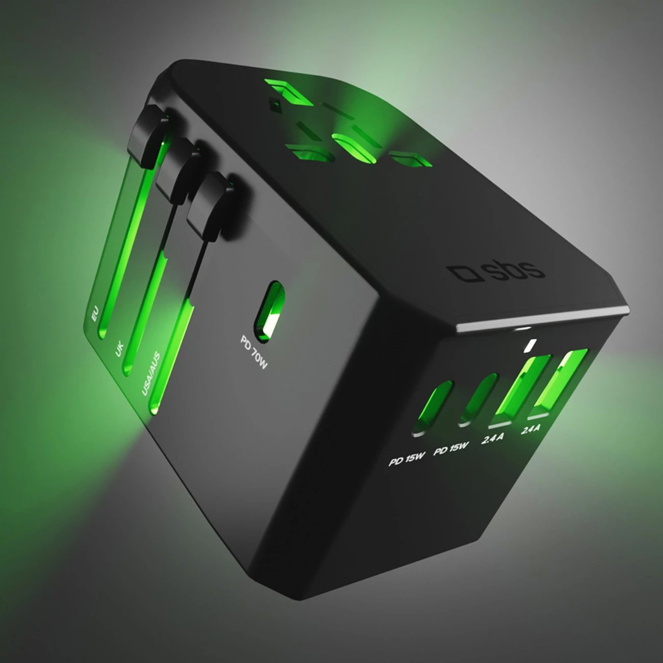 Adapter udhëtimi GaN 70W, SBS, 5 porta USB-A/USB-C, PD, prizë globale EU/UK/US/AU, me pouch, e zezë