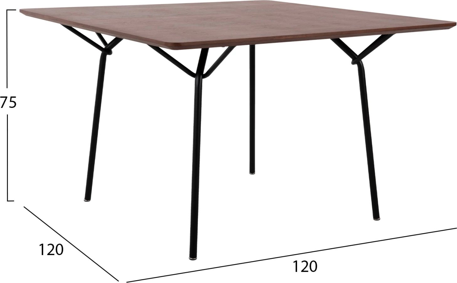 Tavolinë katrore për ngrënie TRENK, MDF me furnir lisi në ngjyrë arre, këmbë metalike të zeza, 120x120x75H cm